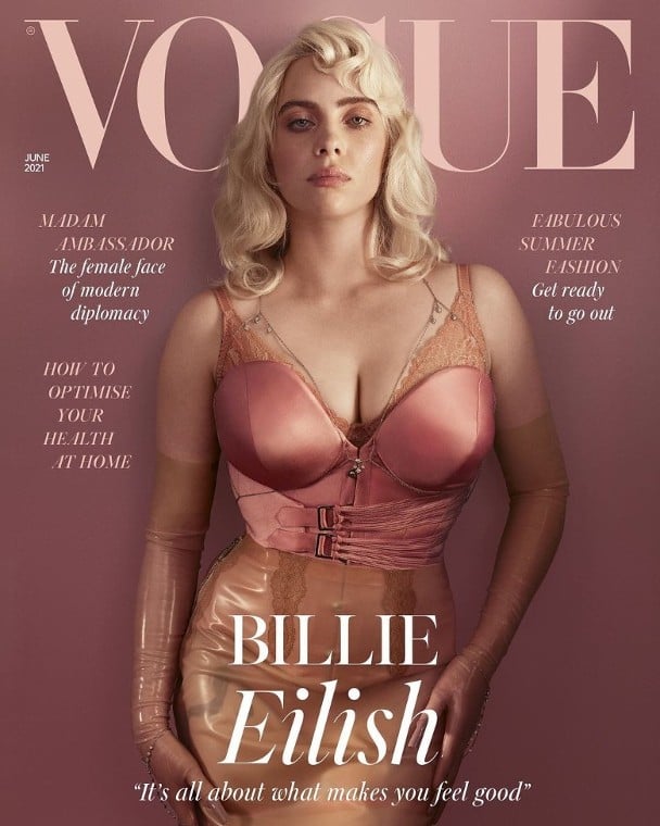 向來打扮密實的19歲樂壇小天后比莉艾莉絲，難得性感登上英國版《VOGUE》雜誌最新一期封面，按贊人數多達千萬，而且網絡瘋傳。


