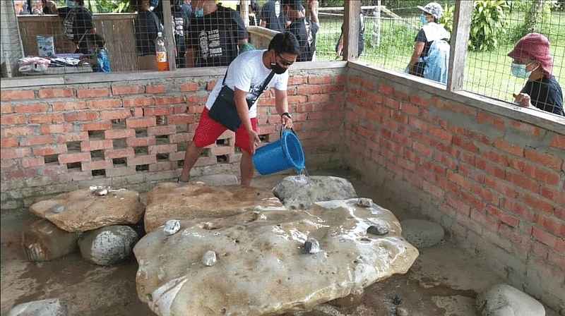 甘榜索里柏村民每天都清洗音乐石。