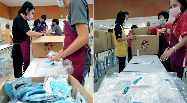Volunteers packing reusable fabric masks into boxes (L); PPEs for medical frontliners are packed into boxes for shipping to India.