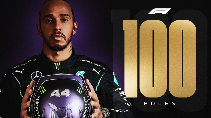 汉密尔顿在F1西班牙站排位赛夺得生涯第100个杆位，为赛史首名达此里程碑的车手。（F1推特照片）