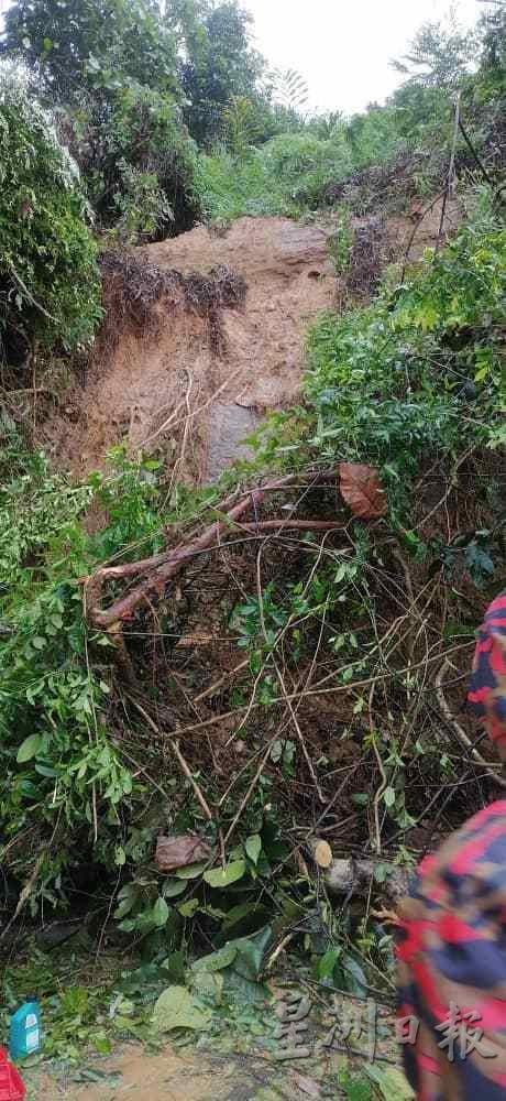林梦甘榜武吉哥打的文修路发生土崩，导致山泥倾泻连同大树倒下覆盖路段。