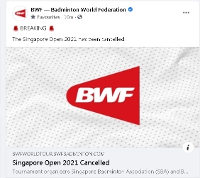 世界羽联正式发文告宣布取消最后一站东京奥运会积分赛新加坡羽球赛，这意味着东奥资格已尘埃落定。