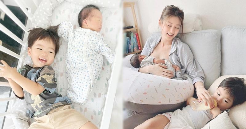 岑丽香同时喂两个儿子饮奶，果然是个超级妈妈。 （岑丽香Instagram图片 / 明报制图）