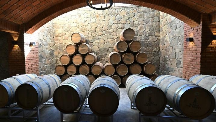 View of oak casks where the wine is fermented at the Kuhlmann Winery, in Valle de la Concepcion. AFP