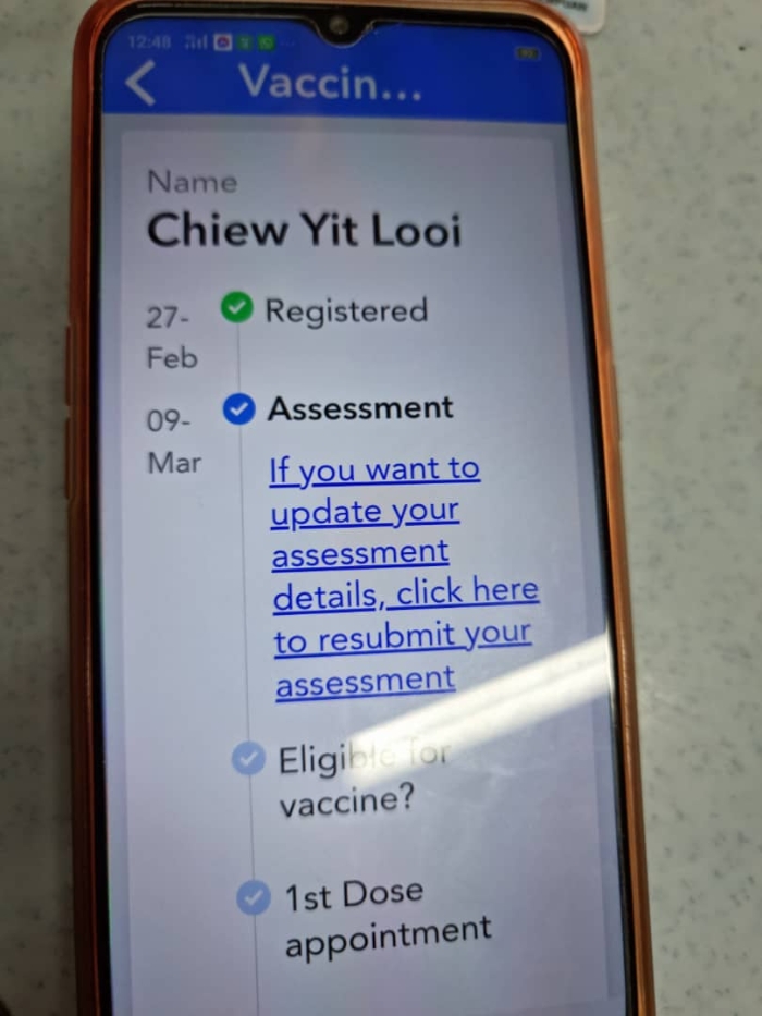 赵月女在2月27日登记接种疫苗，至今仍未接获任何通知。