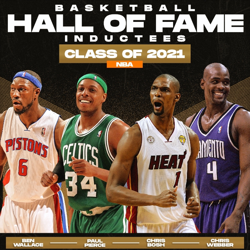 本.华莱士（左起）、皮尔斯、博谢与韦伯携手入选篮球名人堂，其中华莱士为史上首位获此殊荣的NBA落选秀球员。（NBA推特图）
