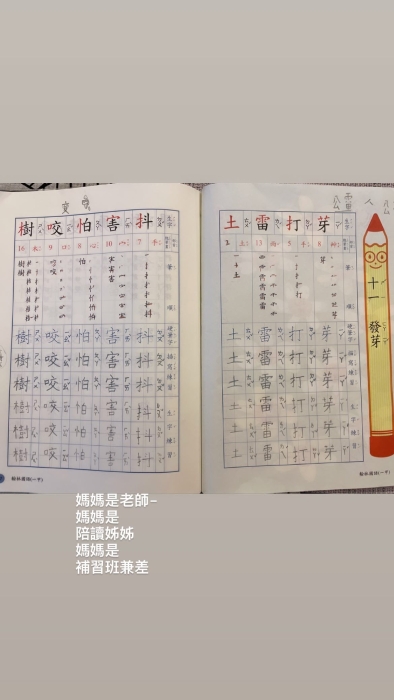 梁静茹晒儿子华语练字簿。