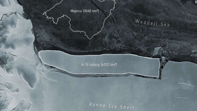 歐空局週三（19日）在其網站上發佈的一份聲明中說，全球環境安全監測——哥白尼哨兵1號任務最近拍攝的衛星圖像中發現了這座新脫落的冰山。（圖：歐洲空間局網站）