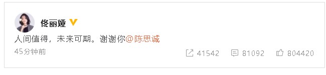 佟丽娅在微博发文宣布离婚，写下“人间值得，未来可期，谢谢你@陈思诚。”