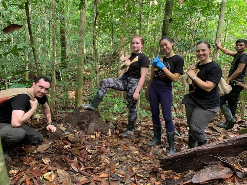 陈愉恩（左三）和志工们到丛林里收集白蚁窝，以丰富化马来熊的食物。