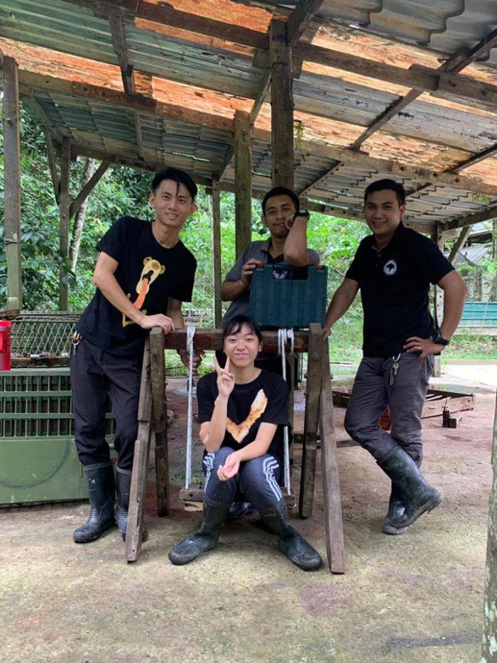 陈愉恩和志工们为马来熊幼崽Joe建造小熊秋千，让小熊从训练玩具中掌握野外生存技巧。