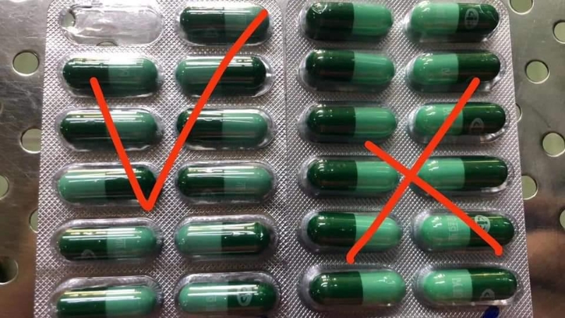 正品（左）排列无序，反而假药（右）排序整齐。

