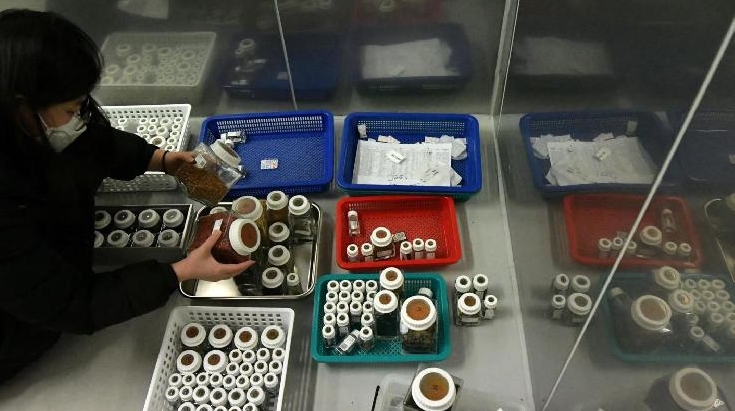 A researcher preparing seed samples at the wild plant seeds research division of the Baekdudaegan National Arboretum in Bonghwa. AFP