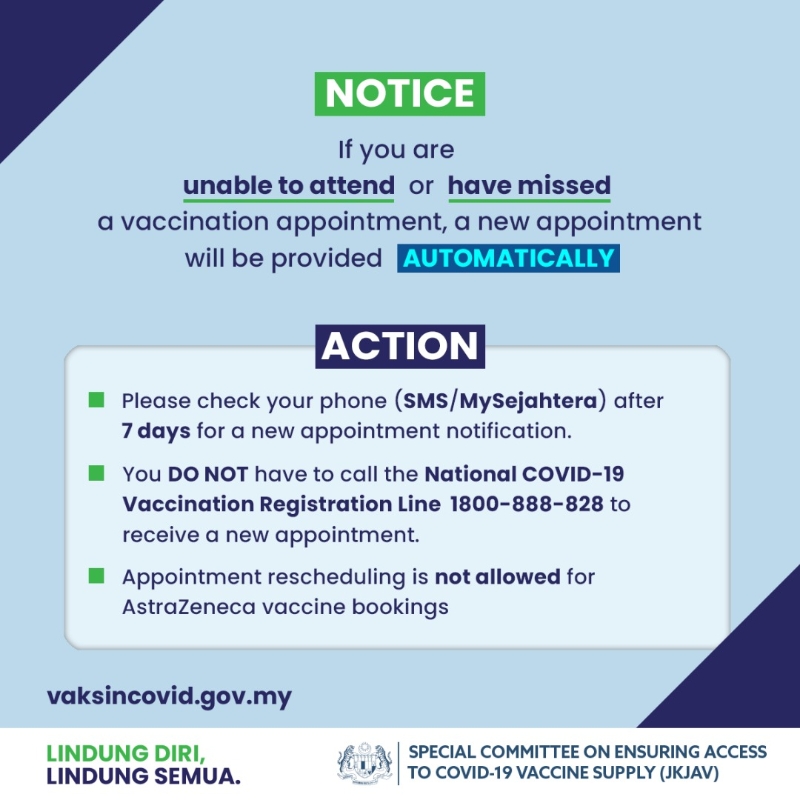 JKJAV提醒公众，若一旦错过或缺席疫苗预约，当局将会重新安排并发通知。