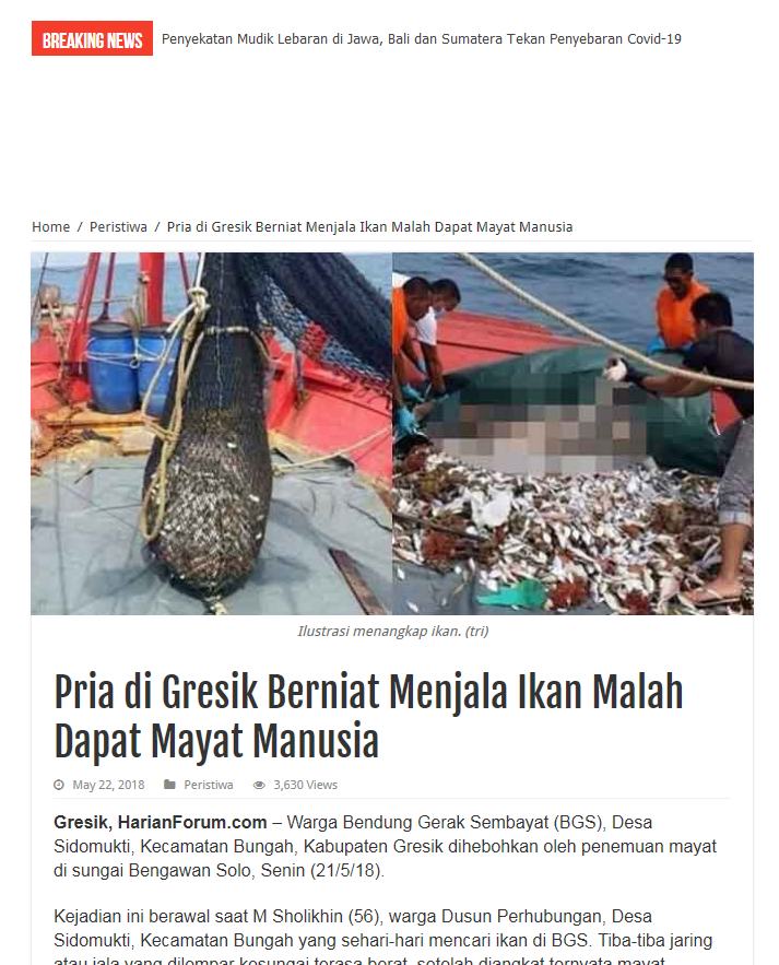 印尼网媒3年前报道当地渔夫下网捕鱼时，捞起一具人类遗体。