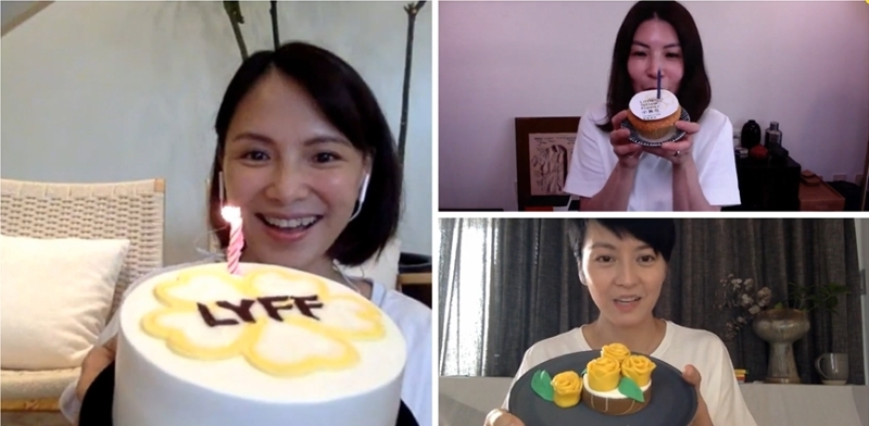 分别身在吉隆坡、香港和首尔的李心洁（左）、梁咏琪（下）和许茹芸（上）各自准备了生日蛋糕，隔空线上庆祝“小黄花”14岁生日快乐。

