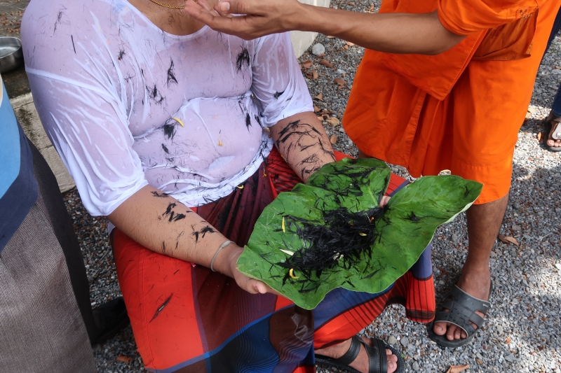 根据泰国人的传统，落发要放在荷叶上，让荷叶随河流漂走，象征送走三千烦恼，也会带来和平与幸福。（莫咏焮摄）