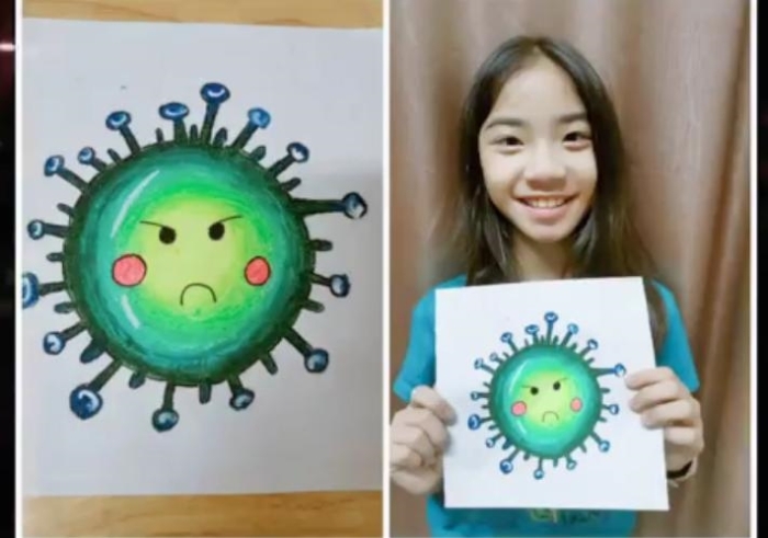 学生们画出各自想象的病毒模样。
