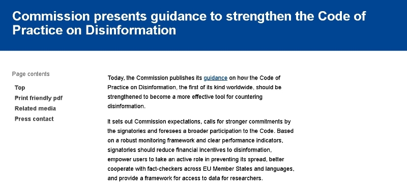 欧盟委员会发布了全球首个《不实信息的行为守则》指南，以更有效打击错误讯息。