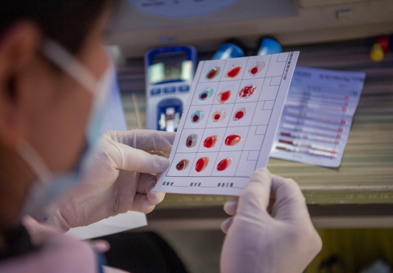 工作人员在给捐血者的血液样本，进行血型检测。（图：新华社）