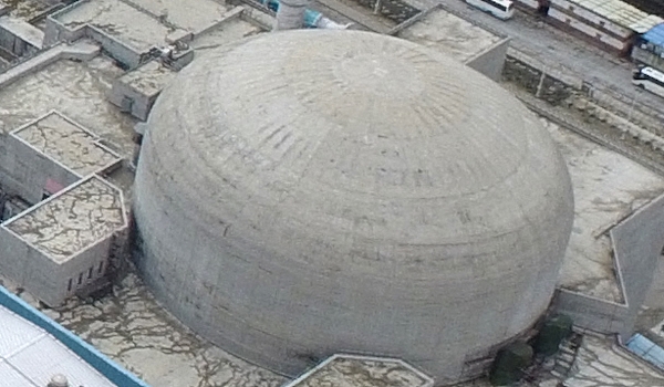 Aerial view of the dome shells of the twin reactors at the nuclear power plant in Chixi town, Taishan City. AFP