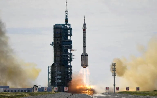 A Long March-2F carrier rocket, carrying the Shenzhou-12 spacecraft and a crew of three astronauts, lifts off from the Jiuquan Satellite Launch Center in the Gobi desert, in northwest China.