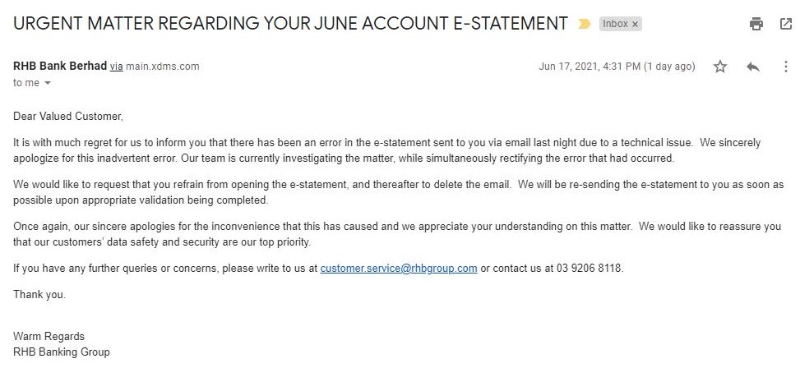 本报记者在周四下午收到兴业银行的电邮，内容是针对错误寄发电子月结单一事向客户致歉。