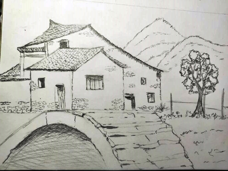 这幅画充满古风意境，主轴是中国传统建筑结构风格的屋子，前方有拱桥流水。