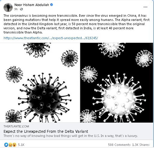 诺希山在脸书转载美国杂志《大西洋月刊》的一篇报道，有关报导指出，专家一致认为，疫苗是遏止Delta变种病毒的最佳方法。
