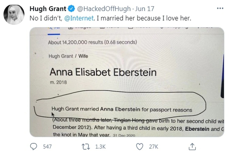 晓治格兰在推特澄清，否认为了护照而结婚。