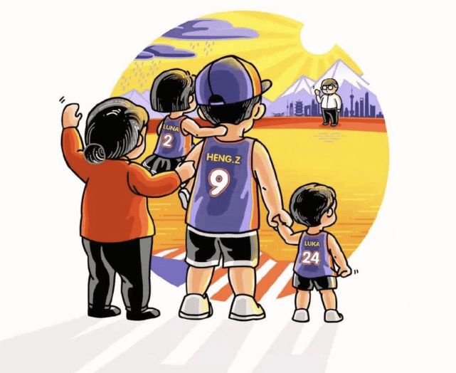 漫画中，张恒父子女3人都穿着紫色球衣，站在身旁的是孩子们的奶奶，隔海站在远处招手的则是张恒的父亲。