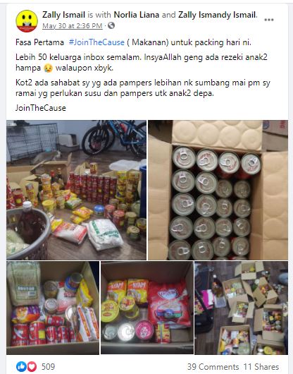 扎里依斯迈在脸书分享包装粮食的情况，并披露曾有50户家庭私讯他要求粮食。（Zally Ismail脸书照片）