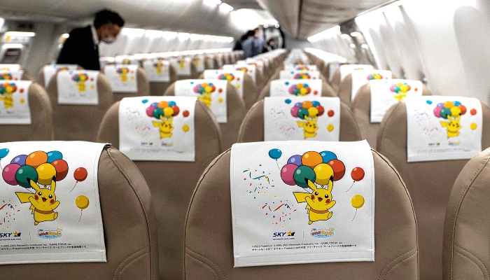 Pokemon-themed seating onboard a Skymark Airlines Boeing 737-800 aircraft at Tokyo's Haneda international airport. AFP