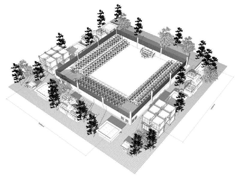 Axonometric view of the 222 MP capsule glass cubes and those of the Speakers. The surrounding smaller 'boxes' of buildings are lounge and toilets separated to ensure no large group convergence in any one small space. The whole building is naturally ventilated. (Tajuddin Rasdi and Alexander Ng, UCSI University, June 2021)