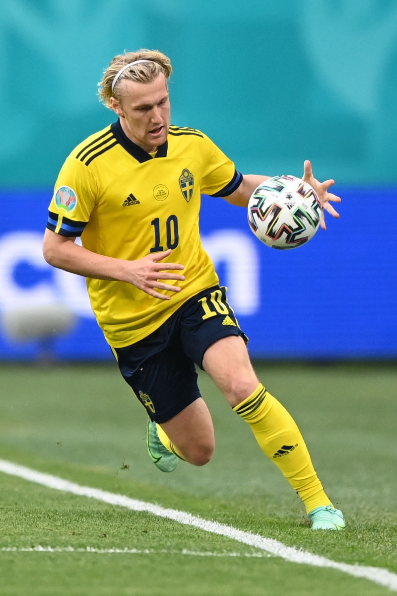 瑞典主将福斯贝里（图）在欧洲杯3场小组赛已打入3球，他将继续带领球队锋线新星伊萨克冲锋陷阵。（法新社照片）