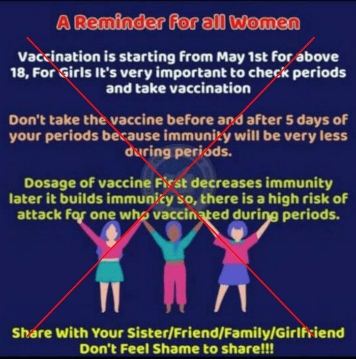 网传图片指女性在经期前和经期后5天不可接种疫苗，但妇女科医生指这种说法不成立。（图取自The Quint）