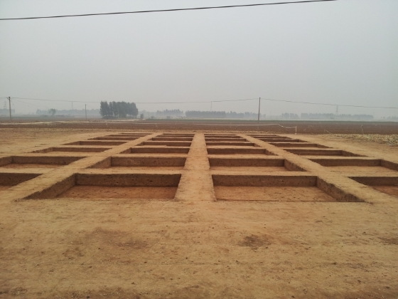 山东省章丘东平陵故城建筑基址发掘工地，一共28个探方（各面积5米*5米）