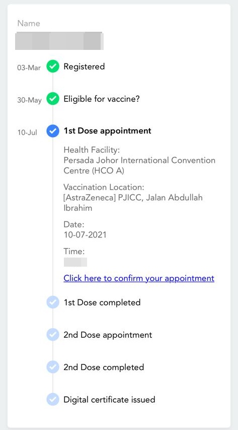 成功申请接种阿斯利康疫苗者，其MySejahtera上的接种地点栏目会显示疫苗品牌为阿斯利康，并且接种区是在HCO A或HCO B。