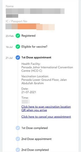 不曾申请接种阿斯利康疫苗的民众，突然接获预约通知，被安排到柔佛国际会展中心底楼的新接种区（HCO C）接种疫苗。