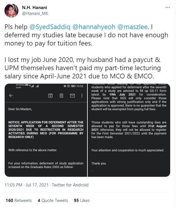哈娜妮在推特申诉博大克扣了她3个月兼职讲师的薪水，导致她没钱缴付学费而被被迫延期。
