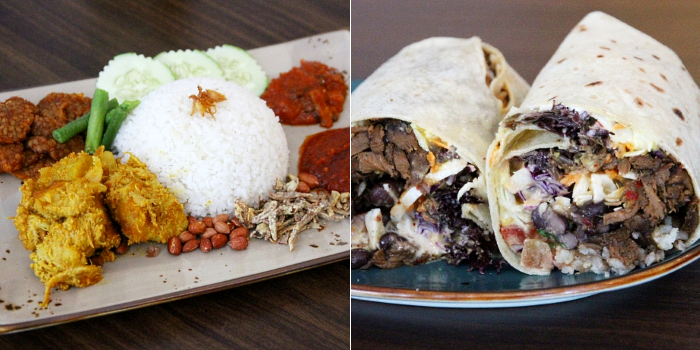 The vegan version of nasi lemak (L) and Mexican burrito offered at Fauzi's restaurant.