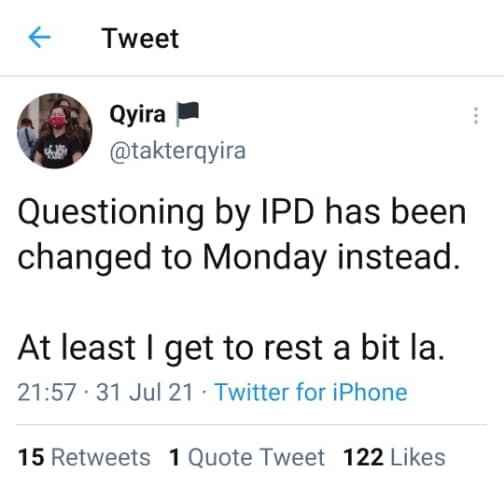 伊拉在推特发文宣布，她被金马警方传召录口供。