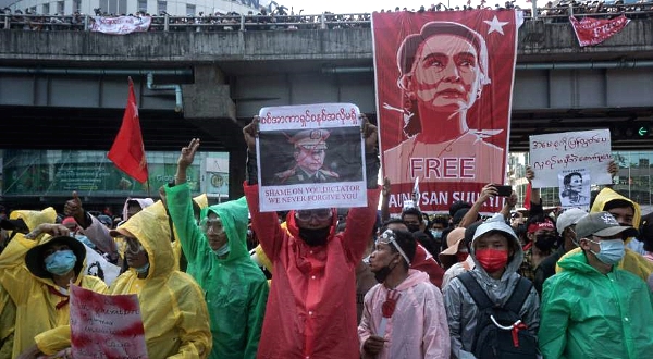 Protesters take part in a demonstration against the military coup in Yangon. AFP Protesters take part in a demonstration against the military coup in Yangon. AFP