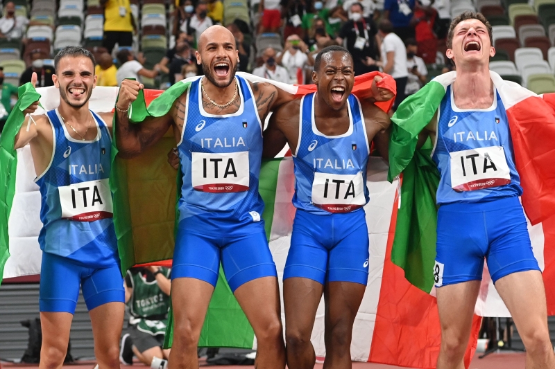 包括男子100公尺个人和接力赛在内，意大利在东奥田径赛豪砍5金刷新队史最佳，为本届赛会田径赛场一大惊奇。（法新社照片）