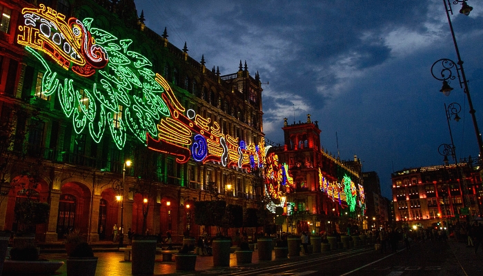Illuminated decorations as part of the commemoration of the 500th anniversary of the last day of indigenous domain ahead of the fall of Tenochtitlan to the Spanish at the Zocalo Square in Mexico City. AFP