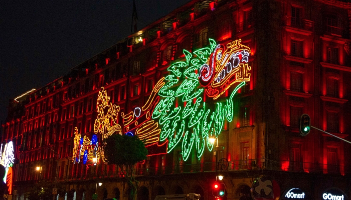 Illuminated decorations as part of the commemoration of the 500th anniversary of the last day of indigenous domain ahead of the fall of Tenochtitlan to the Spanish at the Zocalo Square in Mexico City. AFP