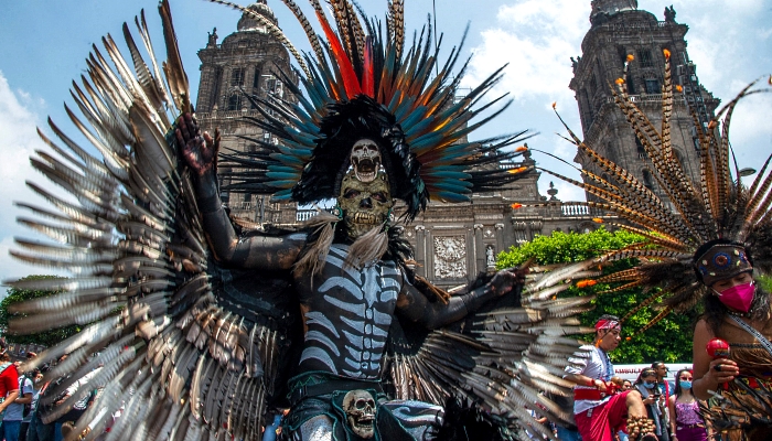 Indigenous people taking part in the celebration of the 500th anniversary of the last day of indigenous domain ahead of the fall of Tenochtitlan to the Spanish at the Zocalo Square in Mexico City. AFP