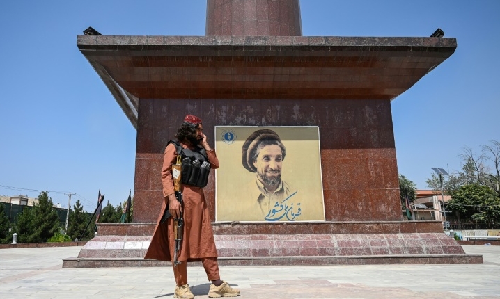 A Taliban fighter at Massoud Square in Kabul. AFP