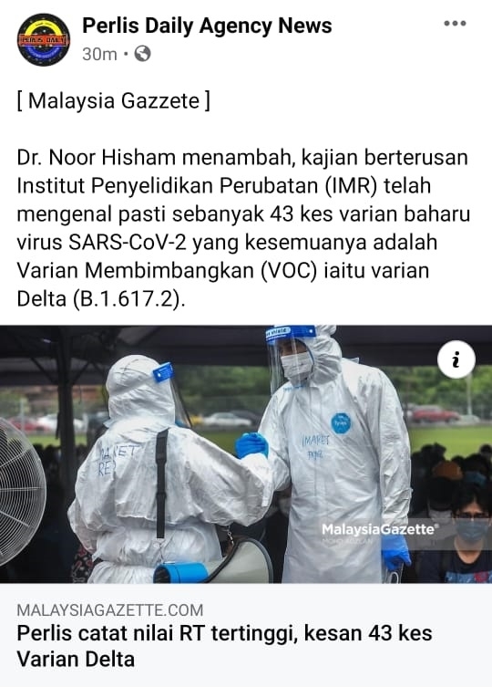 玻璃市卫生局局长希拉祖丁：网媒Malaysia Gazzete的新闻标题具误导，引起公众误以为玻州发现43宗Delta病例。（截自脸书）