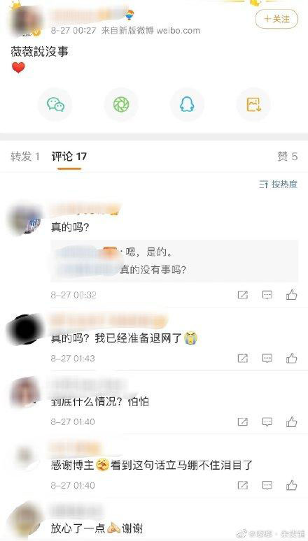 微博流传这截图，指是赵薇透过“大粉”给粉丝报平安。（网上图片）